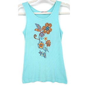 VTG Y2K Bejeweled Susan Fixel Aqua Rhinestone Fairy Grunge Boho Ribbed Tank LG